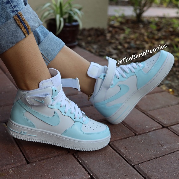 Nike Shoes - Nike Custom Painted Air Force 1 Mid Top - Light Blue NWT